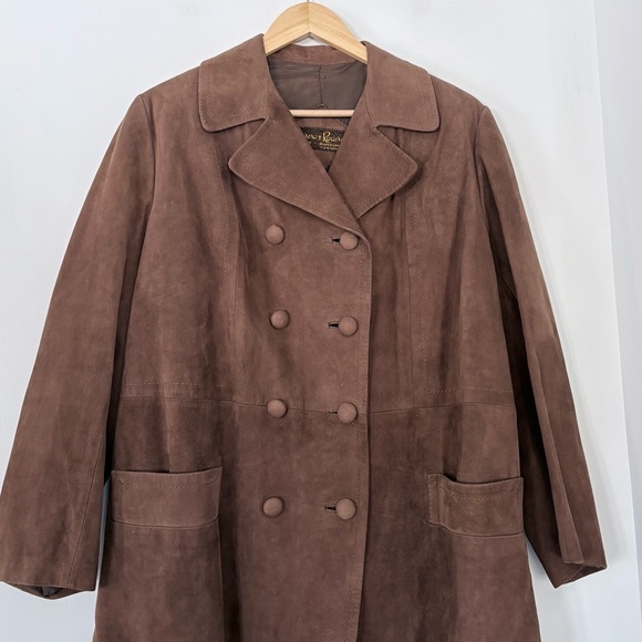 Vintage HERRERO Y RODERO Suede Leather Long Coat Button Sz L 60s 70s Barcelona - Picture 4 of 15